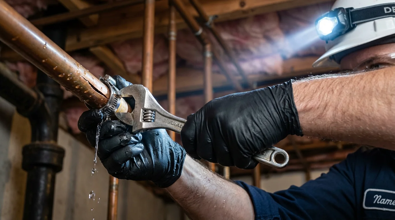 Emergency pipe clamp repair being performed by a Johns Plumbing LLC plumber in Piqua