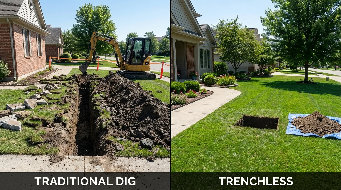 Trenchless sewer repair with minimal yard damage versus traditional excavation in Piqua, OH