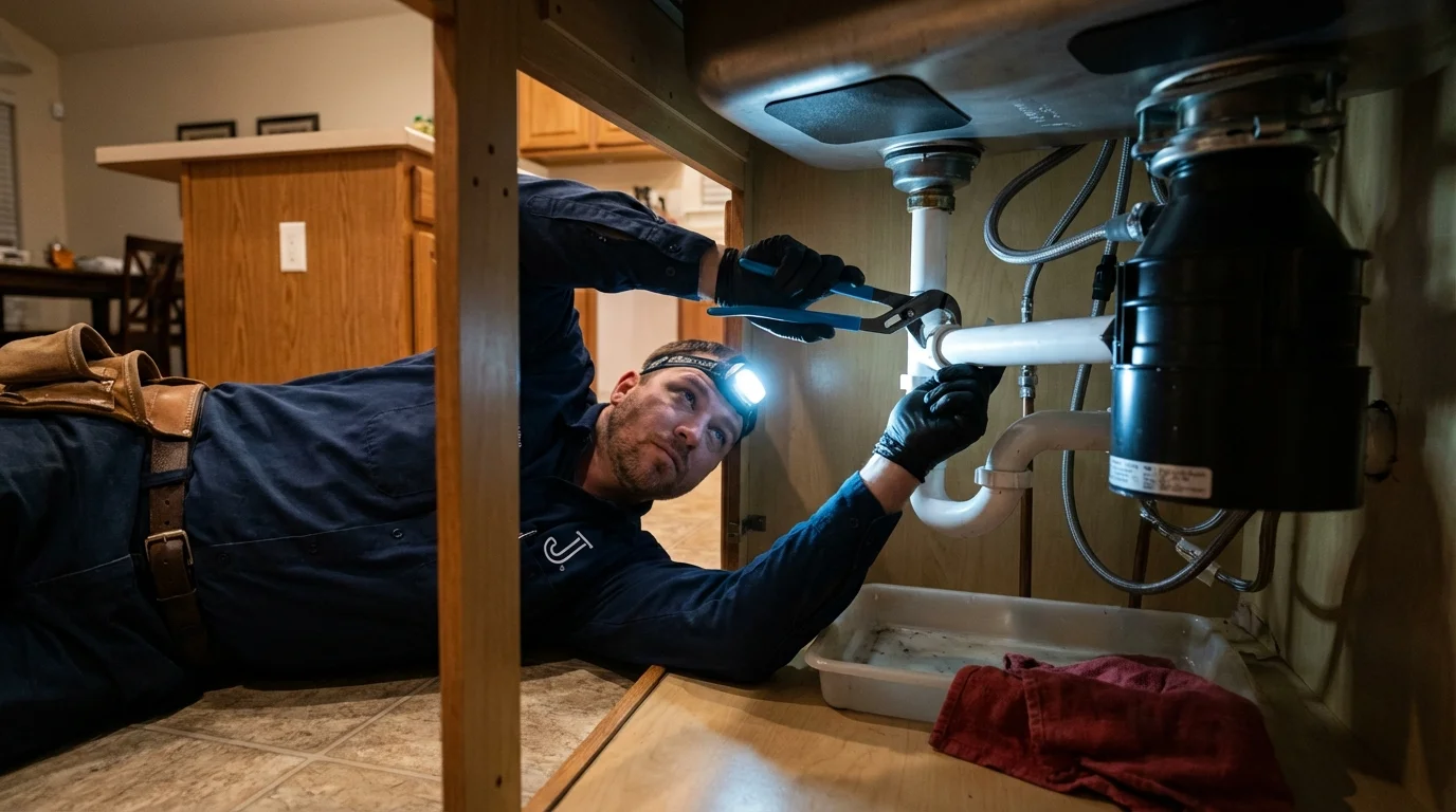 P-trap and supply line connections under a kitchen sink showing a common leak point in Piqua, OH